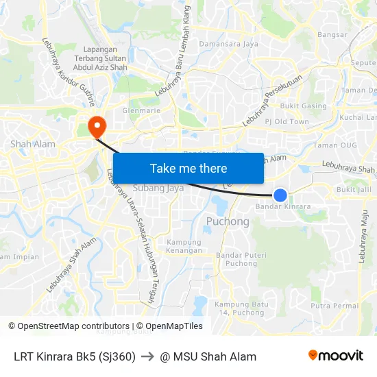 LRT Kinrara Bk5 (Sj360) to @ MSU Shah Alam map