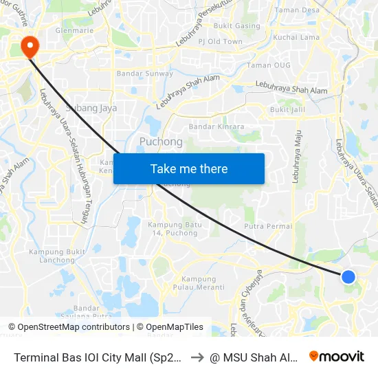 Terminal Bas IOI City Mall (Sp292) to @ MSU Shah Alam map