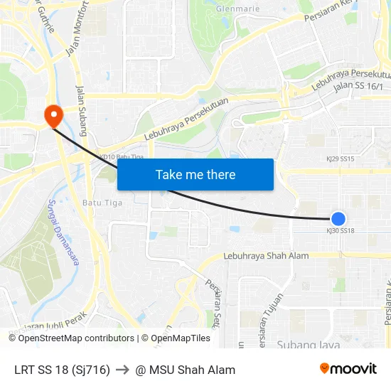 LRT SS 18 (Sj716) to @ MSU Shah Alam map