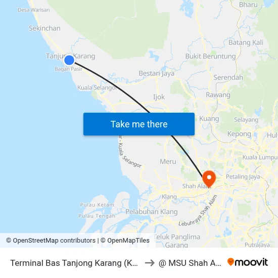 Terminal Bas Tanjong Karang (Ks180) to @ MSU Shah Alam map