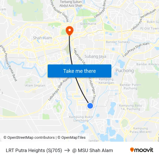 LRT Putra Heights (Sj705) to @ MSU Shah Alam map