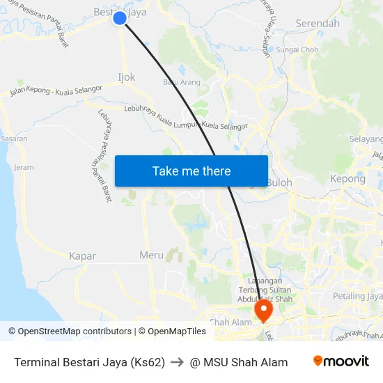 Terminal Bestari Jaya (Ks62) to @ MSU Shah Alam map