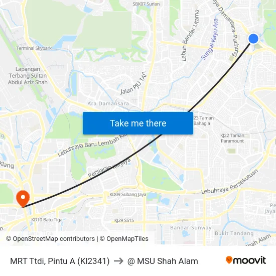 MRT Ttdi, Pintu A (Kl2341) to @ MSU Shah Alam map