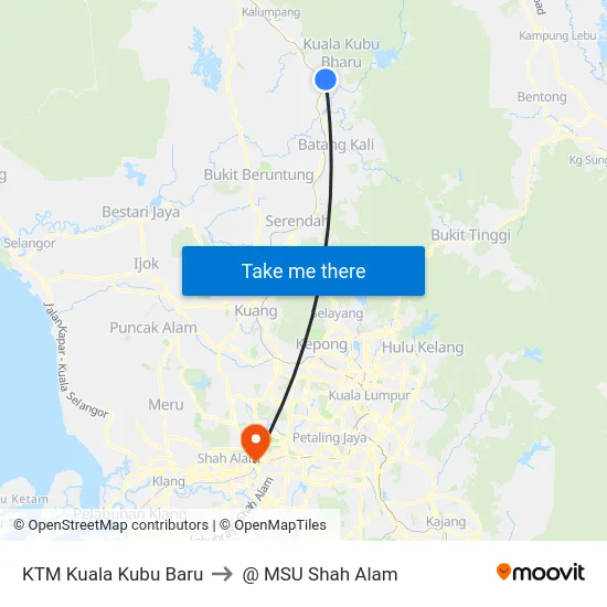 KTM Kuala Kubu Baru to @ MSU Shah Alam map