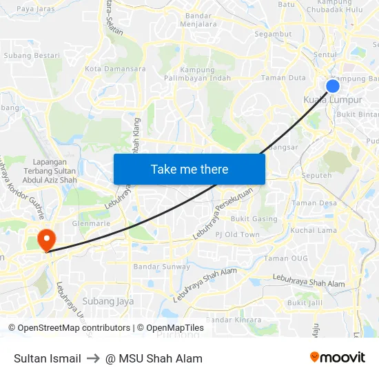 Sultan Ismail to @ MSU Shah Alam map