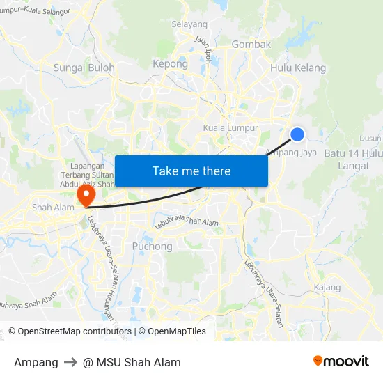 Ampang to @ MSU Shah Alam map