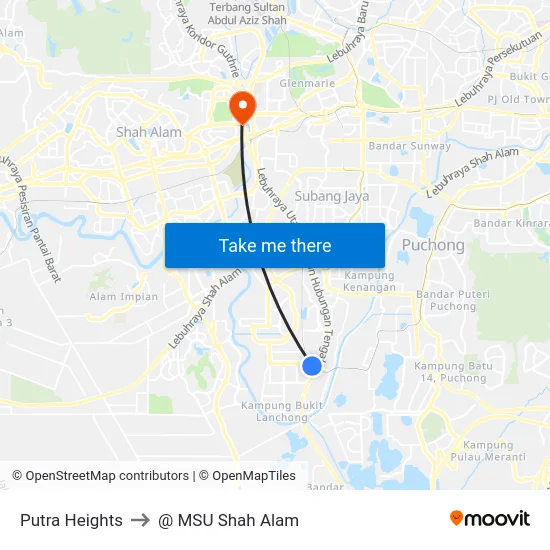 Putra Heights to @ MSU Shah Alam map