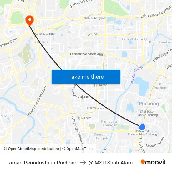 Taman Perindustrian Puchong to @ MSU Shah Alam map
