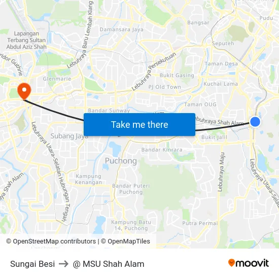 Sungai Besi to @ MSU Shah Alam map