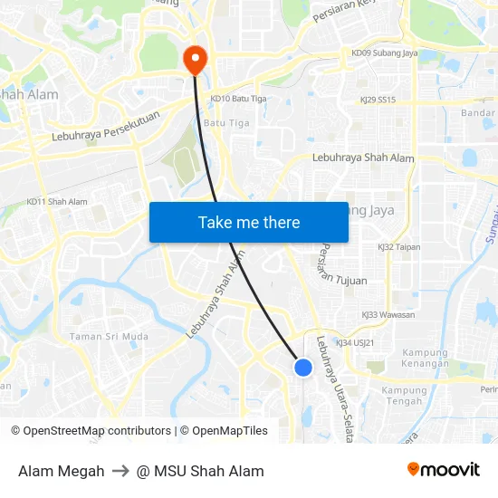 Alam Megah to @ MSU Shah Alam map