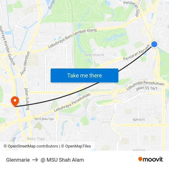 Glenmarie to @ MSU Shah Alam map