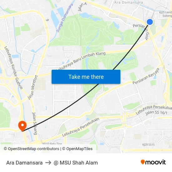 Ara Damansara to @ MSU Shah Alam map