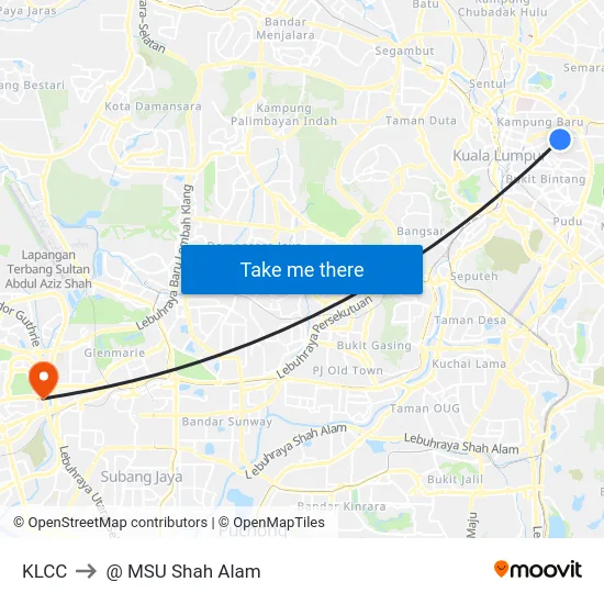 KLCC to @ MSU Shah Alam map