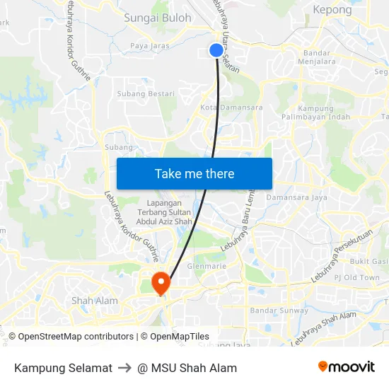 Kampung Selamat to @ MSU Shah Alam map