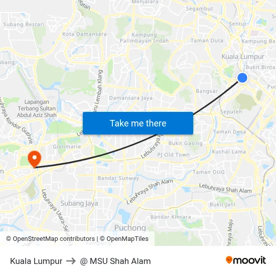 Kuala Lumpur to @ MSU Shah Alam map