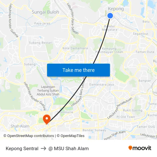 Kepong Sentral to @ MSU Shah Alam map