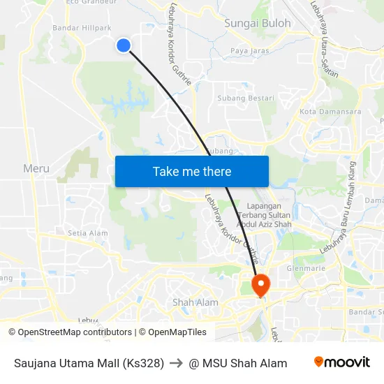 Saujana Utama Mall (Ks328) to @ MSU Shah Alam map