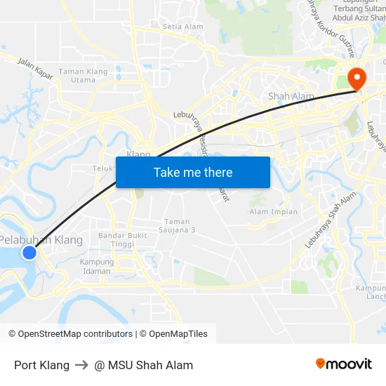 Port Klang to @ MSU Shah Alam map