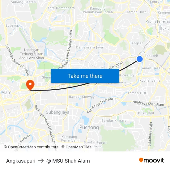 Angkasapuri to @ MSU Shah Alam map