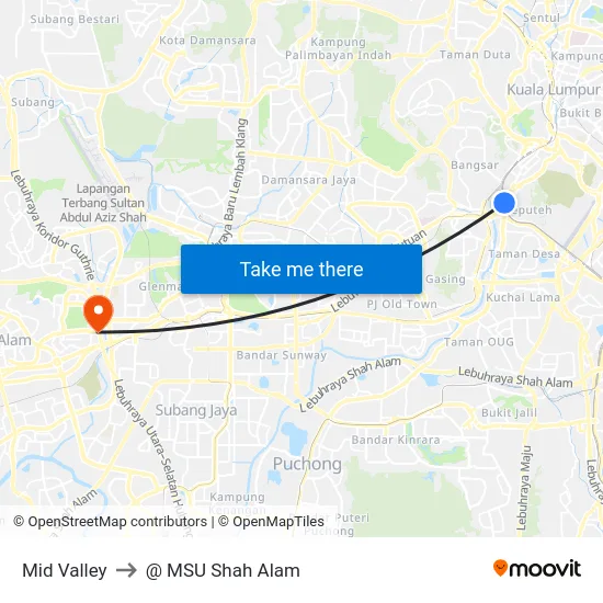 Mid Valley to @ MSU Shah Alam map