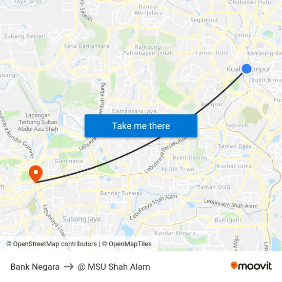 Bank Negara to @ MSU Shah Alam map