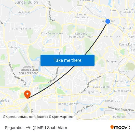 Segambut to @ MSU Shah Alam map
