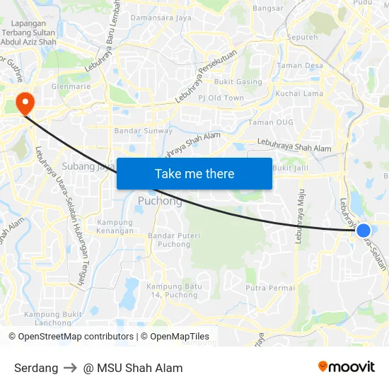 Serdang to @ MSU Shah Alam map