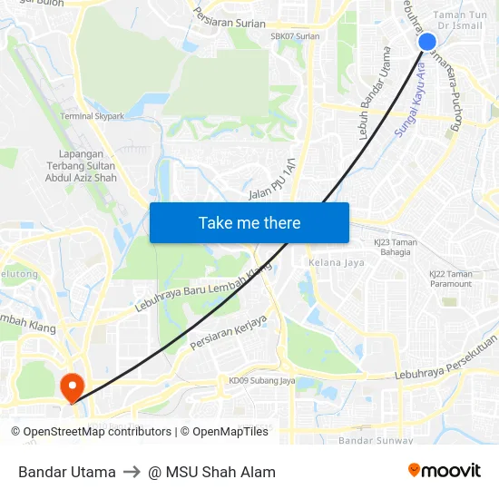 Bandar Utama to @ MSU Shah Alam map