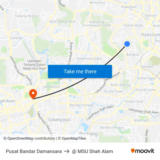 Pusat Bandar Damansara to @ MSU Shah Alam map