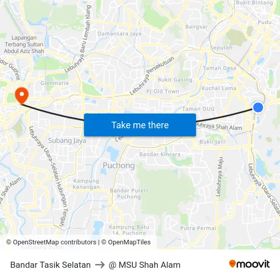 Bandar Tasik Selatan to @ MSU Shah Alam map
