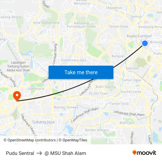 Pudu Sentral to @ MSU Shah Alam map