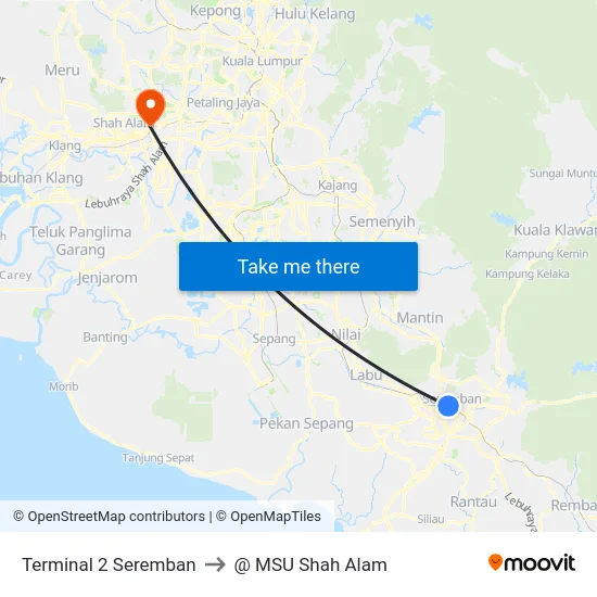 Terminal 2 Seremban to @ MSU Shah Alam map
