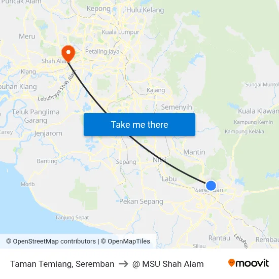 Taman Temiang, Seremban to @ MSU Shah Alam map