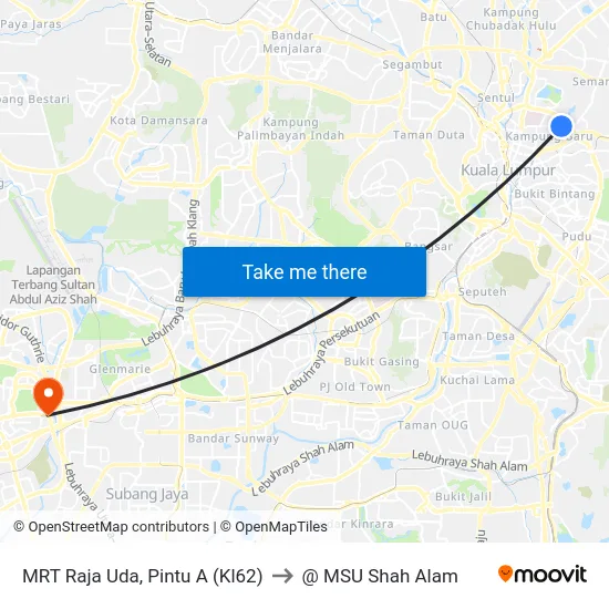 MRT Raja Uda, Pintu A (Kl62) to @ MSU Shah Alam map