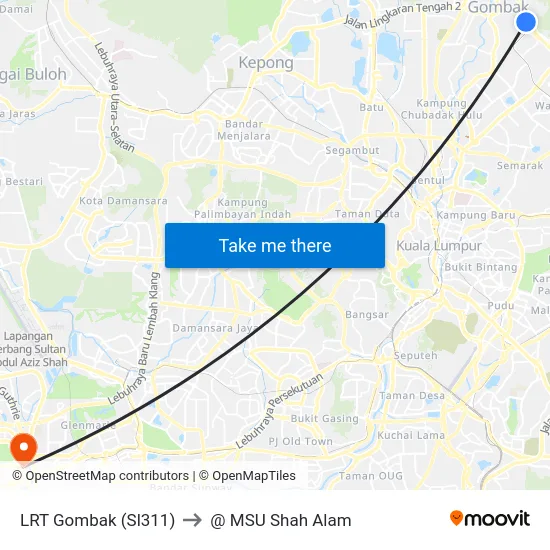 LRT Gombak (Sl311) to @ MSU Shah Alam map