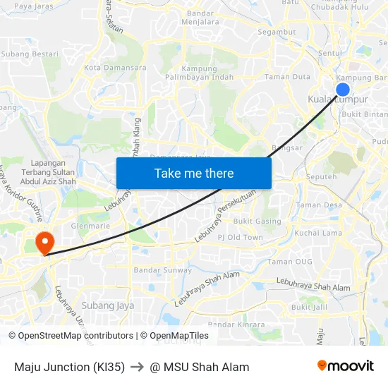 Maju Junction (Kl35) to @ MSU Shah Alam map