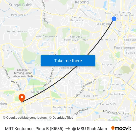 MRT Kentomen, Pintu B (Kl585) to @ MSU Shah Alam map