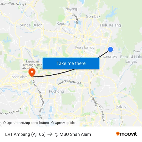 LRT Ampang (Aj106) to @ MSU Shah Alam map