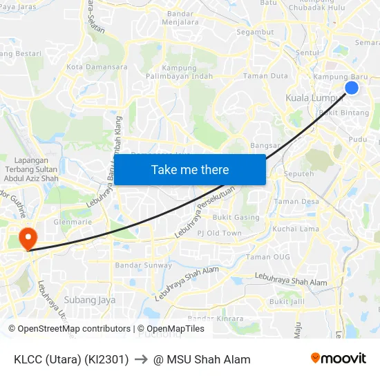 KLCC (Utara) (Kl2301) to @ MSU Shah Alam map