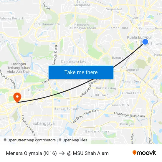 Menara Olympia (Kl16) to @ MSU Shah Alam map