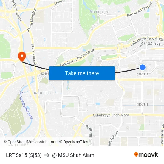 LRT Ss15 (Sj53) to @ MSU Shah Alam map