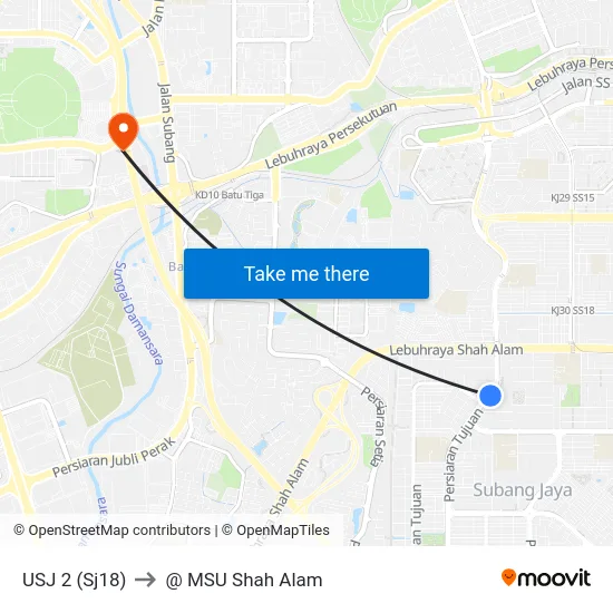 USJ 2 (Sj18) to @ MSU Shah Alam map