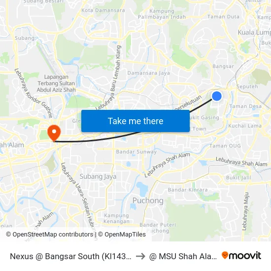 Nexus @ Bangsar South (Kl1439) to @ MSU Shah Alam map