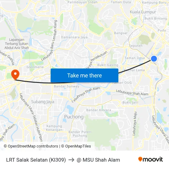 LRT Salak Selatan (Kl309) to @ MSU Shah Alam map