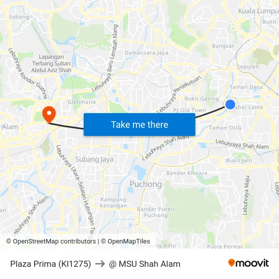 Plaza Prima (Kl1275) to @ MSU Shah Alam map