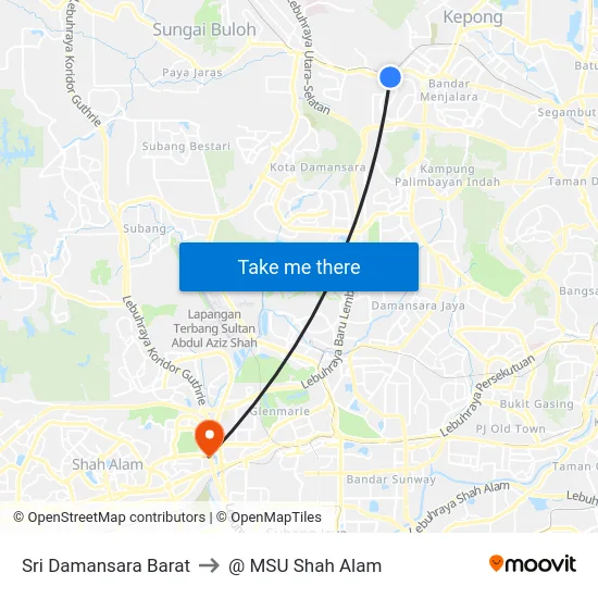 Sri Damansara Barat to @ MSU Shah Alam map