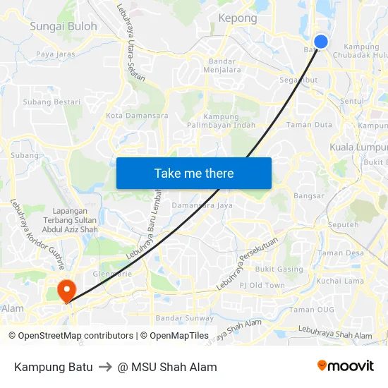 Kampung Batu to @ MSU Shah Alam map