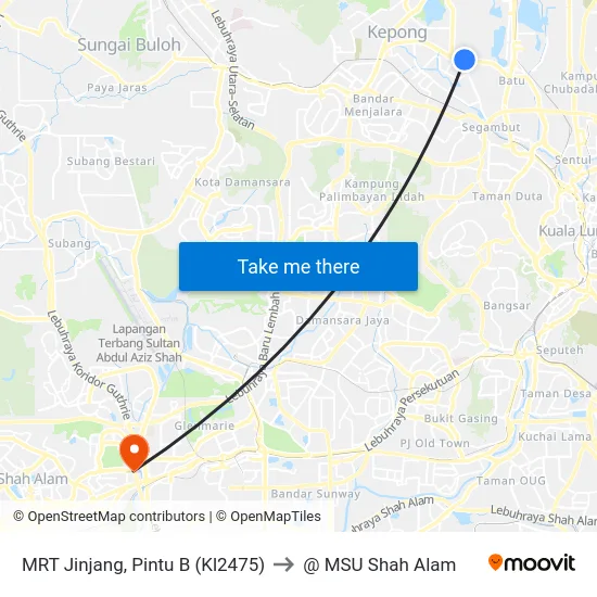 MRT Jinjang, Pintu B (Kl2475) to @ MSU Shah Alam map