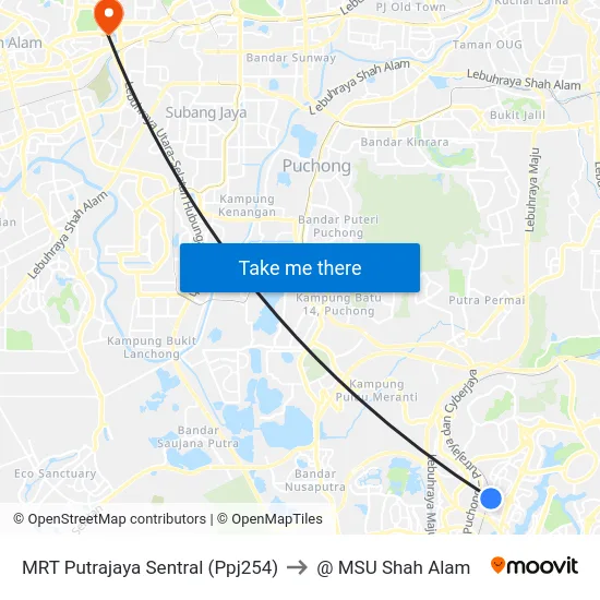 MRT Putrajaya Sentral (Ppj254) to @ MSU Shah Alam map