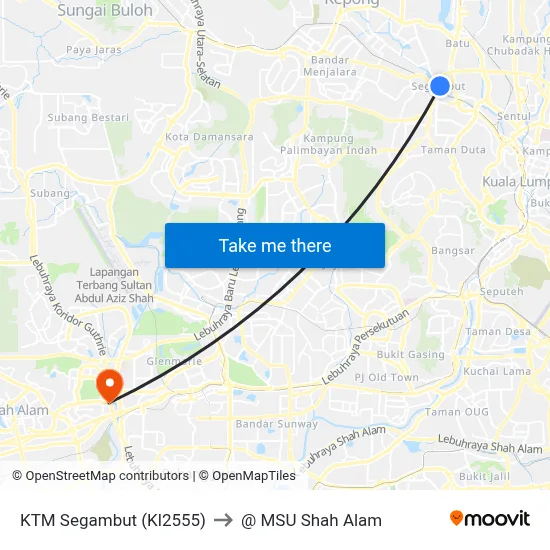 KTM Segambut (Kl2555) to @ MSU Shah Alam map